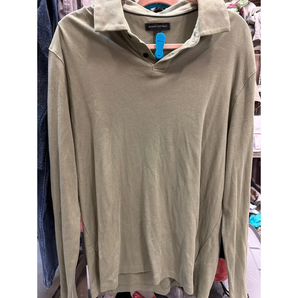 Banana Republic Mens Large Long Sleeve Polo Shirt Sage Green Olive Jersey Knit